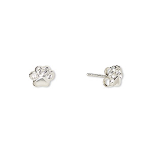 Earstud, Create Compliments&reg;, sterling silver and crystal, clear, 7.5x6mm paw print. Sold per pair.