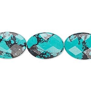 Bead, &quot;turquoise&quot; (resin) (imitation), blue and black, 18x13mm faceted flat oval with matrix. Sold per 8-inch strand, approximately 10 beads.
