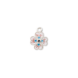 Drop, sterling silver with cloisonn&#233;, white, 10x10mm flower. Sold individually.