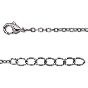 Chain, gunmetal-plated brass, 2mm flat cable, 16 inches with  1-1/4 inch extender chain and lobster claw clasp. Sold per pkg of 4.