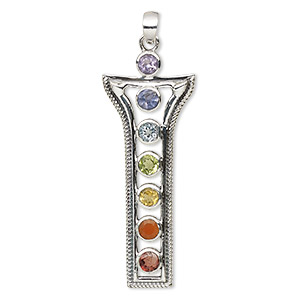 Pendant, multi-gemstone (natural / dyed / heated / irradiated) and sterling silver, 48x19mm single-sided fluted rectangle. Sold individually.