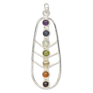 Pendant, multi-gemstone (natural / dyed / heated) and sterling silver, 47x20mm single-sided leaf. Sold individually.