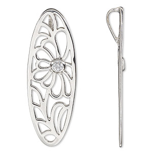 Pendant, sterling silver and cubic zirconia, clear, 40x14mm single-sided oval with cutout flower. Sold individually.