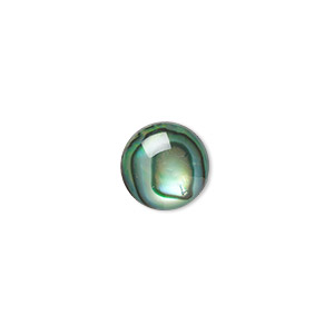 Cabochon, paua shell (coated / dyed), green, 10mm calibrated round, Mohs hardness 3-1/2. Sold per pkg of 6.