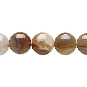Bead, petrified wood (natural), 12mm puffed flat round, B grade, Mohs hardness 6-1/2 to 7. Sold per 8-inch strand, approximately 15 beads.
