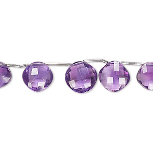 Bead, amethyst (natural), 7x7mm-10x10mm graduated hand-cut top-drilled faceted cushion, B grade, Mohs hardness 7. Sold per 4-inch stand, approximately 9 beads.
