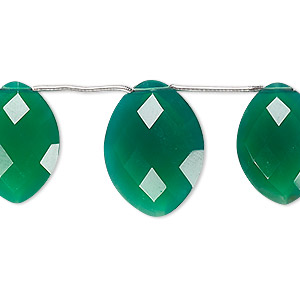 Bead, green onyx (dyed), 18x13mm and 20x15mm hand-cut top-drilled faceted puffed marquise, B grade, Mohs hardness 6-1/2 to 7. Sold per pkg of 3 beads.