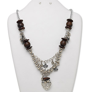 Necklace, Huangshan pine tree wood and silver-finished plastic, brown, 30x29mm heart focal with mixed size and shape beads and charms, 24 inches with silver-finished brass lobster claw clasp and 1-3/4 inch steel extender chain, 28-inch drape. Sold individually.