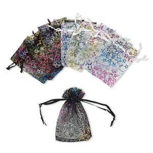 Pouch, organza, black / white / multicolored, 4 x 2-1/2 inches with moon and star pattern with drawstring. Sold per pkg of 12.
