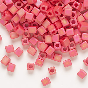 Seed bead, Miyuki, glass, opaque frosted rainbow red, (SB407FR), 3.5-3.7mm square. Sold per 25-gram pkg.