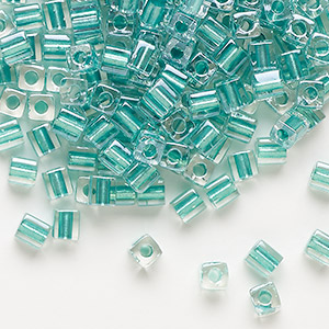 Seed bead, Miyuki, glass, clear color-lined metallic teal, (SB2605), 3.5-3.7mm square. Sold per 25-gram pkg.