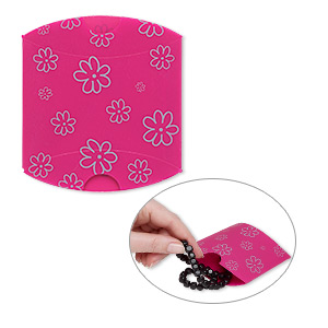 Box, PVC plastic, opaque pink and silver, 3-1/2 x 2 x 1-inch assembled pillow with flower design. Sold per pkg of 10.