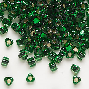 Seed bead, Miyuki, glass, silver-lined translucent kelly green, (TR1802), #5 triangle. Sold per 25-gram pkg.