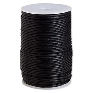 Cord, waxed cotton, black, 2mm, 50+ pound test. Sold per 100-meter spool.