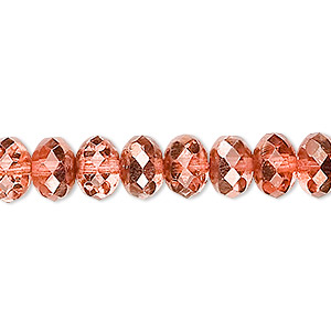 Bead, Czech fire-polished glass, translucent metallic apricot, 9x5mm faceted rondelle. Sold per 15-1/2&quot; to 16&quot; strand.