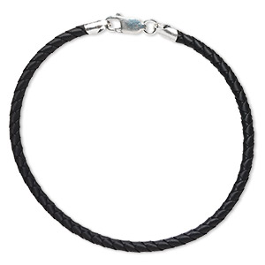 Bracelet cord, rubber and sterling silver, black, 3mm braided, 7 inches with lobster claw clasp. Sold individually.