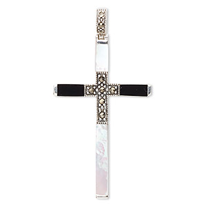 Pendant, sterling silver with marcasite / mother-of-pearl shell (natural) / black onyx (dyed), 40x25mm cross. Sold individually.