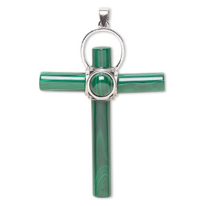 Pendant, malachite (natural) and sterling silver, 44x24mm-50x39mm cross. Sold individually.