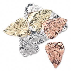 Drop, silver- / gold- / copper-finished brass, 26x20mm double-sided leaf. Sold per pkg of 8.