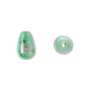 Bead, Czech lampworked glass, opaque green and pink, 12x8mm-13x9mm teardrop with flower design. Sold per pkg of 4.