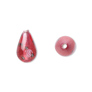 Bead, Czech lampworked glass, opaque red / pink / green, 12x8mm-13x9mm teardrop with flower design. Sold per pkg of 4.