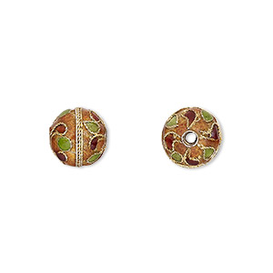 Bead, cloisonn&#233;, enamel and gold-finished copper, multicolored, 10mm round with dots and swirls design. Sold per pkg of 4.