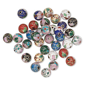 Bead mix, cloisonn&#233;, enamel with gold-finished and silver-plated copper, multicolored, 10mm round with flower and leaves. Sold per pkg of 36.