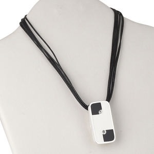 Necklace, 6-strand, silver-plated brass / enamel / waxed cotton cord / crystal rhinestone, black / white / clear, 47x26mm rectangle, 16 inches with 3-inch extender chain and lobster claw clasp. Sold individually.