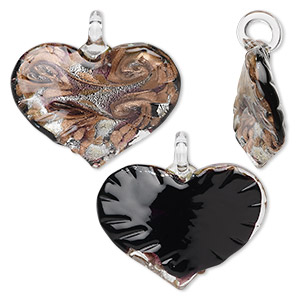 Pendant, glass, black and copper, 50x46mm heart. Sold individually.