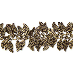 Chain, antique brass-plated brass, 7x3.5mm double-sided leaf. Sold per pkg of 1 foot.