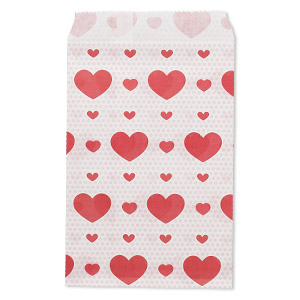 Bag, paper, white / pink / red, 6x4 inches with heart design and scalloped top edge. Sold per pkg of 100.