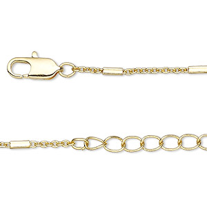 Chain, gold-finished brass, 2x1.5mm cable and 4x2mm rectangle tube, 36 inches with 1-1/4 inch extender chain and lobster claw clasp. Sold individually.