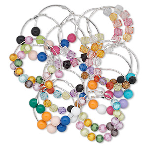 Earring mix, acrylic and imitation rhodium-finished steel, multicolored, 50mm round hoop with hinged closure. Sold per pkg of 12 pairs.