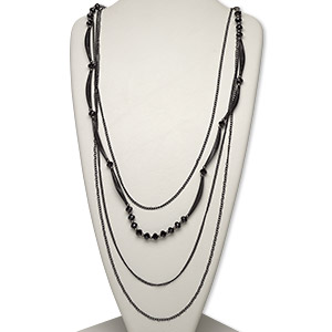 Necklace, multi-strand, glass / plastic / gunmetal-finished steel, black, round and faceted rondelle, 30 inches with a 42-inch drape and lobster claw clasp. Sold individually.