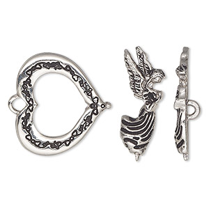 Clasp, toggle, antique silver-plated &quot;pewter&quot; (zinc-based alloy), 23x21mm heart with angel bar. Sold individually.
