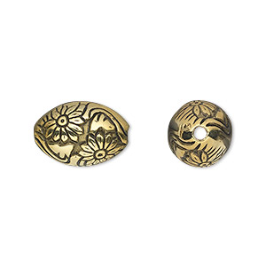 Bead, antiqued gold-finished copper-coated plastic, 16x11mm oval with flowers. Sold per 50-gram pkg, approximately 45 beads.