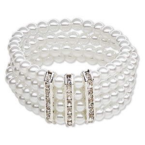 Bracelet, Everyday Jewelry, 4-strand stretch, acrylic / glass rhinestone / silver-plated &quot;pewter&quot; (zinc-based alloy), white and clear, 44mm wide with 6mm round, 6 inches. Sold individually.