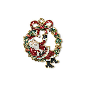 Charm, enamel and gold-finished &quot;pewter&quot; (zinc-based alloy), multicolored, 25x20mm single-sided Santa Claus sitting on wreath with bow. Sold individually.
