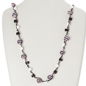 Necklace, glass and waxed cotton cord, black / white / lavender, round, 30-inch continuous loop. Sold individually.