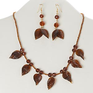 Necklace and earring set, glass with gold-finished steel and brass, amber brown, leaf, 19 inches with lobster claw clasp, 2-3/4 inch earrings with fishhook ear wire. Sold per set.