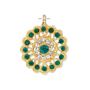 Pendant, glass rhinestone and gold-finished &quot;pewter&quot; (zinc-based alloy), clear and green, 23mm round. Sold individually.