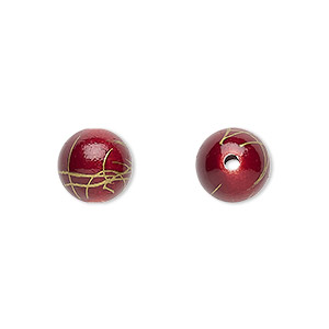Bead, acrylic, red and gold, 10mm round with swirls. Sold per pkg of 200.
