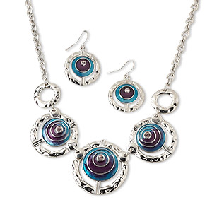 Necklace and earring set, silver-finished &quot;pewter&quot; and brass / glass rhinestone / enamel, teal / purple / pink, 17-34mm graduated textured round with cutout design, 18-inch necklace with lobster claw clasp and 1-3/8 inch earring with fishhook ear wire. Sold per set.