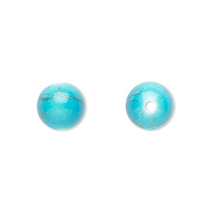 Bead, acrylic, turquoise blue and gold, 10mm round with swirls. Sold per pkg of 200.