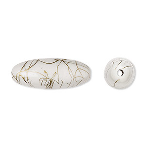 Bead, acrylic, white and gold, 32x12mm oval with swirls. Sold per pkg of 30.