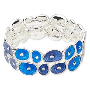 Bracelet, stretch, epoxy and silver-finished &quot;pewter&quot; (zinc-based alloy), light blue and dark blue, 23mm wide with circle design, 6 inches. Sold individually.