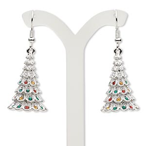 Earring, Czech glass rhinestone and imitation rhodium-plated &quot;pewter&quot; (zinc-based alloy), red / green / yellow, 1-7/8 inches with Christmas tree and fishhook ear wire. Sold per pair.