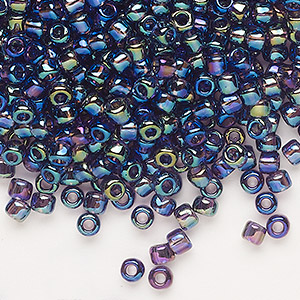 Seed bead, Dyna-Mites&#153;, glass, transparent rainbow purple, #6 round. Sold per 40-gram pkg.