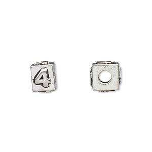 Bead, antiqued pewter (tin-based alloy), 8x6mm rectangle with number &quot;4.&quot; Sold per pkg of 4.