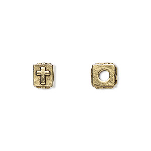 Bead, antique gold-plated pewter (tin-based alloy), 8x6mm rectangle with cross. Sold per pkg of 4.
